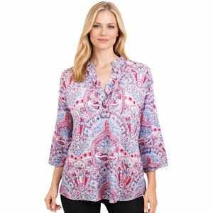 Talbots Mediterranean Watercolor Paisley Tunic Top Red White Blue Boho Size XL